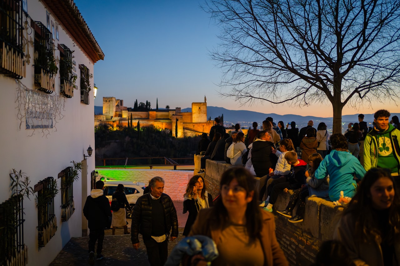 The Alhambra viewed from Mirador de San Nicolas at sunset